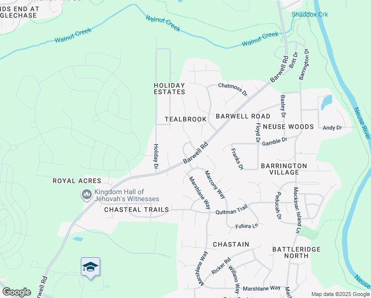 map of restaurants, bars, coffee shops, grocery stores, and more near 2915 Neals Creek Drive in Raleigh