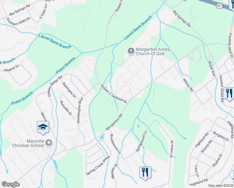 map of restaurants, bars, coffee shops, grocery stores, and more near 1000 Infinity Drive in Maryville