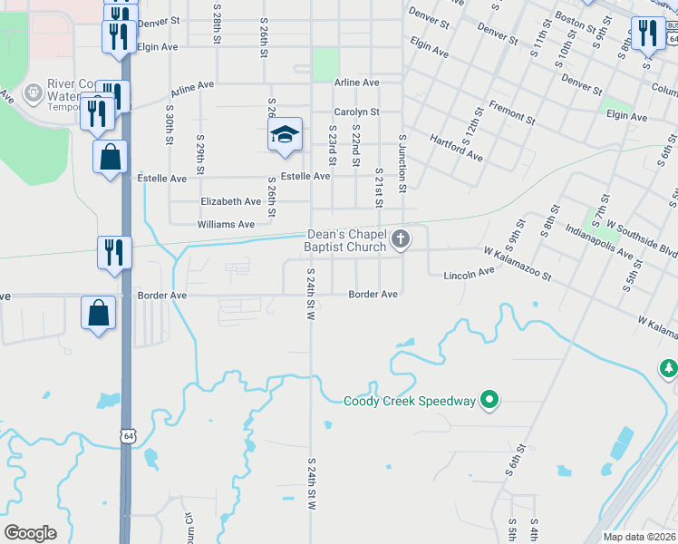 map of restaurants, bars, coffee shops, grocery stores, and more near 1214 South 23rd Street in Muskogee