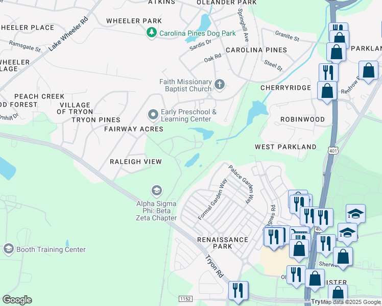 map of restaurants, bars, coffee shops, grocery stores, and more near 1423 Pitching Wedge Drive in Raleigh