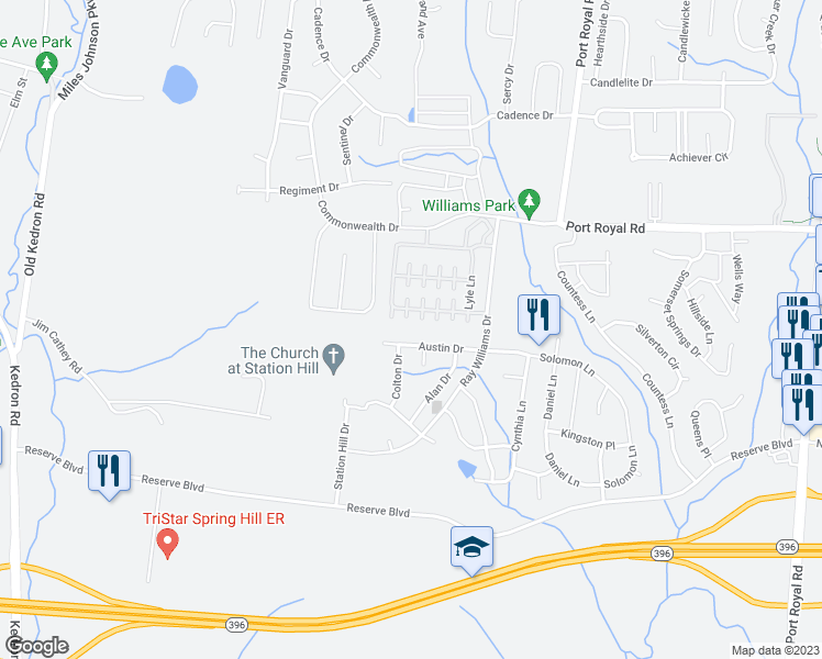 map of restaurants, bars, coffee shops, grocery stores, and more near 1111 Old Kedron Road in Spring Hill