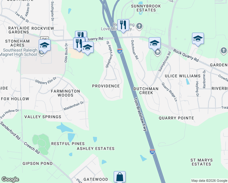 map of restaurants, bars, coffee shops, grocery stores, and more near 3232 Revelation Street in Raleigh