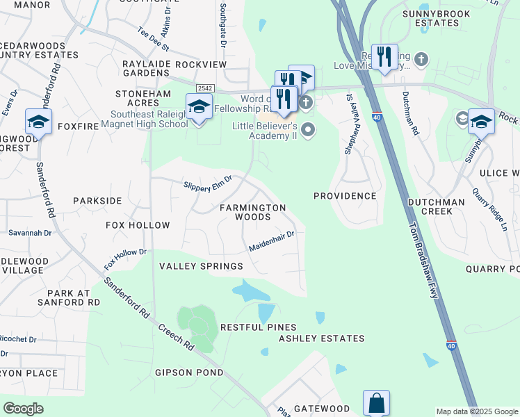 map of restaurants, bars, coffee shops, grocery stores, and more near 3137 Slippery Elm Drive in Raleigh