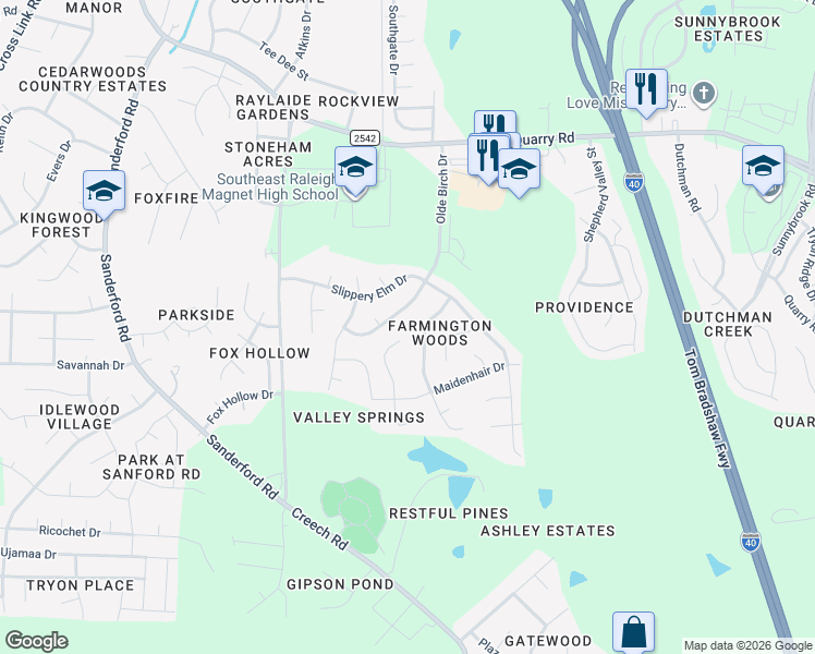 map of restaurants, bars, coffee shops, grocery stores, and more near 2905 Maidenhair Drive in Raleigh