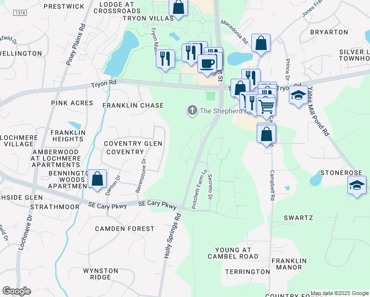 map of restaurants, bars, coffee shops, grocery stores, and more near 705 Newlyn Drive in Raleigh