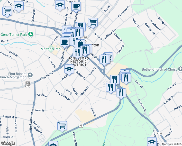 map of restaurants, bars, coffee shops, grocery stores, and more near 425 South King Street in Morganton