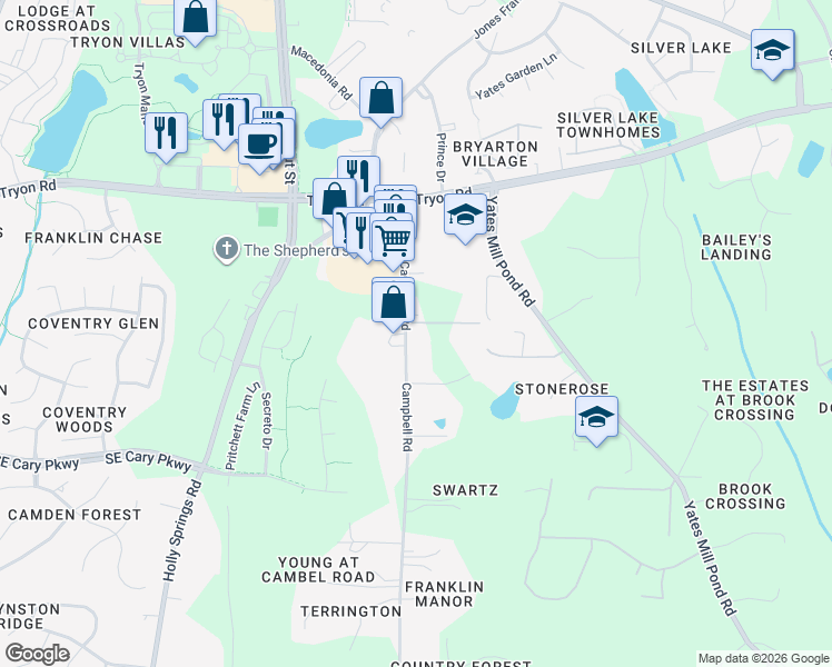 map of restaurants, bars, coffee shops, grocery stores, and more near 2741 Campbell Road in Raleigh