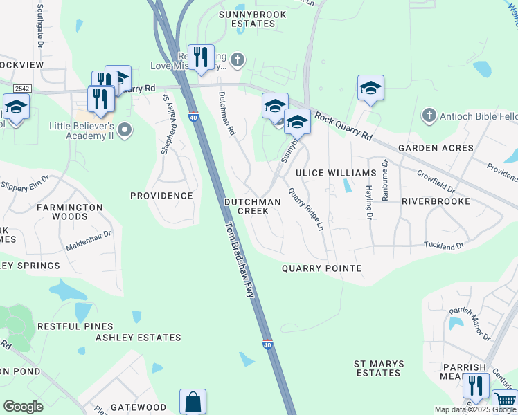 map of restaurants, bars, coffee shops, grocery stores, and more near 2800 Orchard Trace Way in Raleigh
