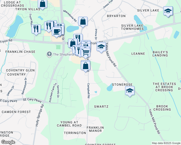 map of restaurants, bars, coffee shops, grocery stores, and more near 2741 Campbell Road in Raleigh