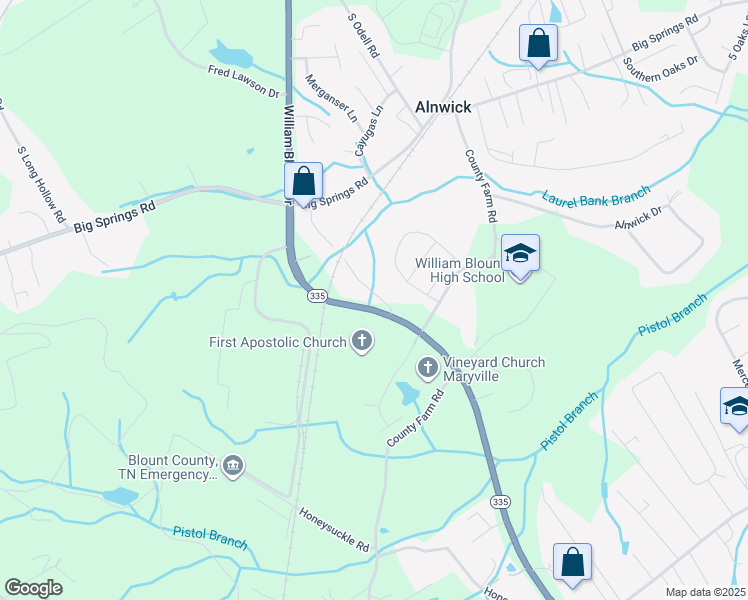 map of restaurants, bars, coffee shops, grocery stores, and more near 227 Keith Road in Maryville