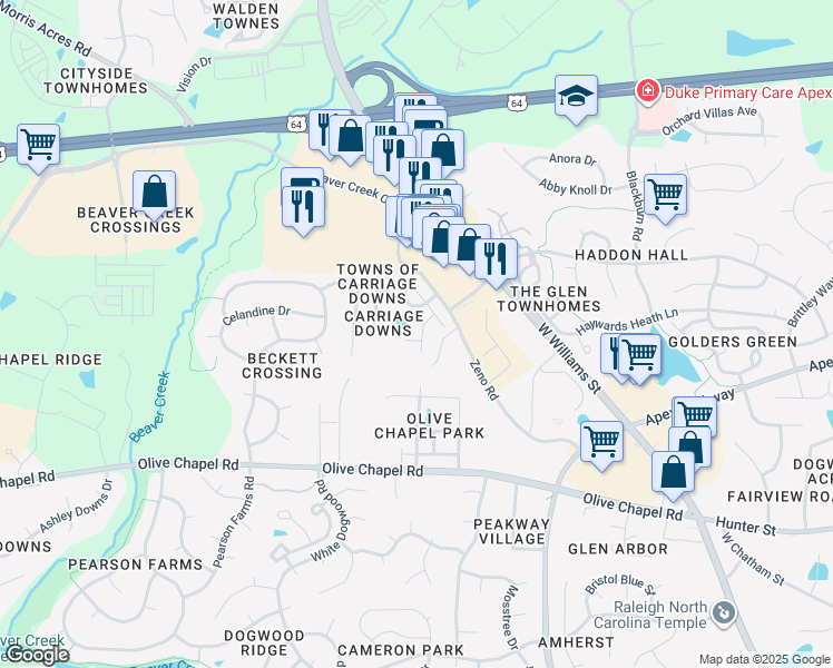 map of restaurants, bars, coffee shops, grocery stores, and more near 104 Troyer Place in Apex