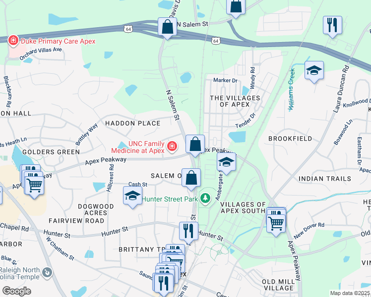 map of restaurants, bars, coffee shops, grocery stores, and more near 1009 North Salem Street in Apex