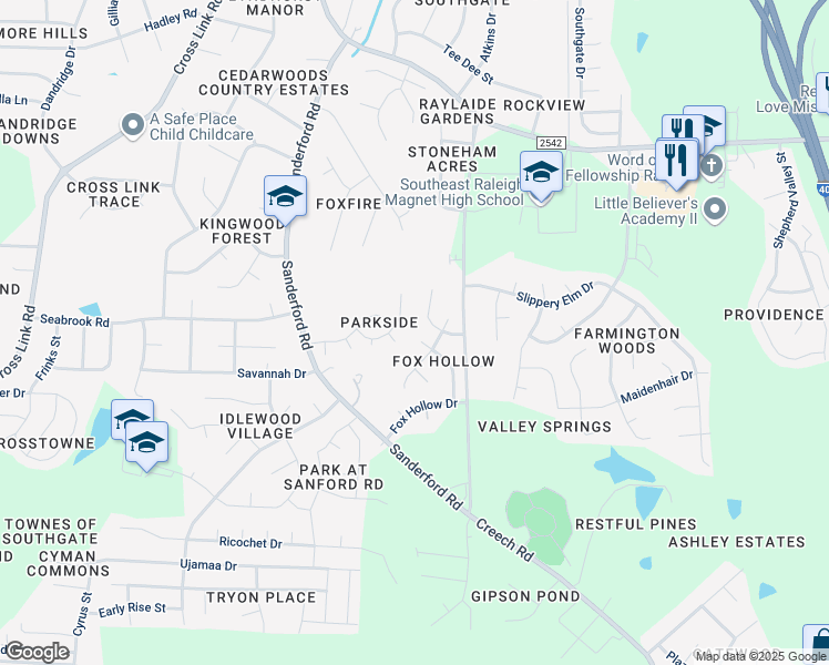 map of restaurants, bars, coffee shops, grocery stores, and more near 2616 Adcox Place in Raleigh
