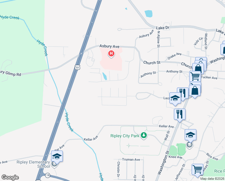 map of restaurants, bars, coffee shops, grocery stores, and more near 124 Willow Creek Drive in Ripley