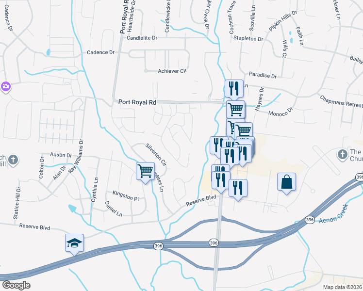 map of restaurants, bars, coffee shops, grocery stores, and more near 6025 Hillside Lane in Spring Hill