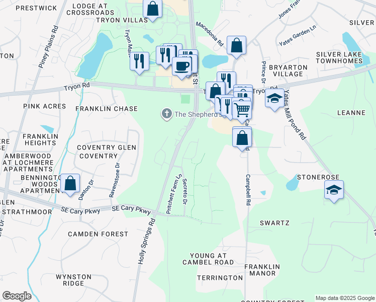 map of restaurants, bars, coffee shops, grocery stores, and more near 8614 Secreto Drive in Raleigh