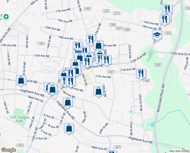 map of restaurants, bars, coffee shops, grocery stores, and more near 1090 18th Street Drive Northeast in Hickory
