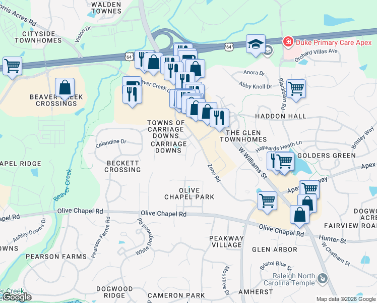 map of restaurants, bars, coffee shops, grocery stores, and more near 104 Troyer Place in Apex