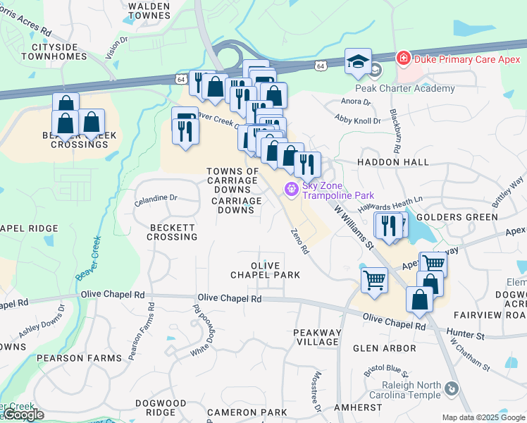 map of restaurants, bars, coffee shops, grocery stores, and more near 111 Caley Road in Apex