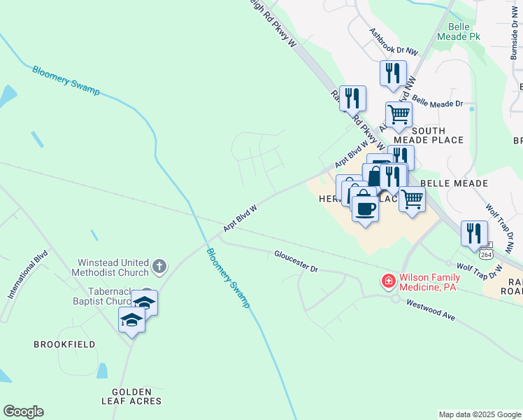 map of restaurants, bars, coffee shops, grocery stores, and more near Airport Boulevard Northwest in Wilson