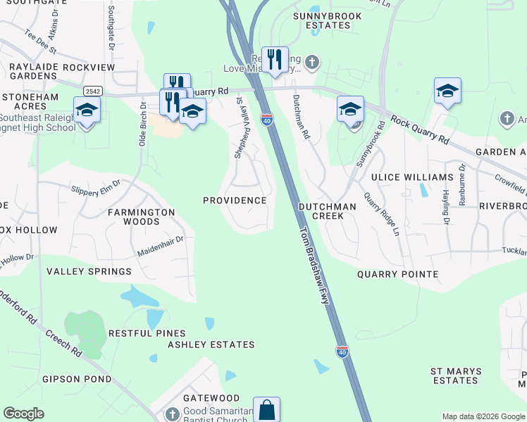 map of restaurants, bars, coffee shops, grocery stores, and more near 3232 Revelation Street in Raleigh