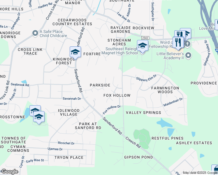 map of restaurants, bars, coffee shops, grocery stores, and more near 2616 Adcox Place in Raleigh