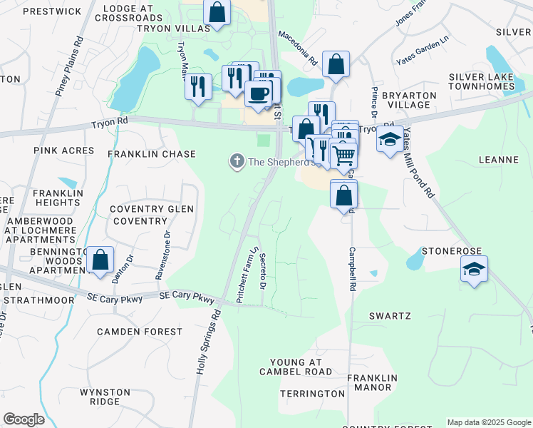 map of restaurants, bars, coffee shops, grocery stores, and more near 8614 Secreto Drive in Raleigh