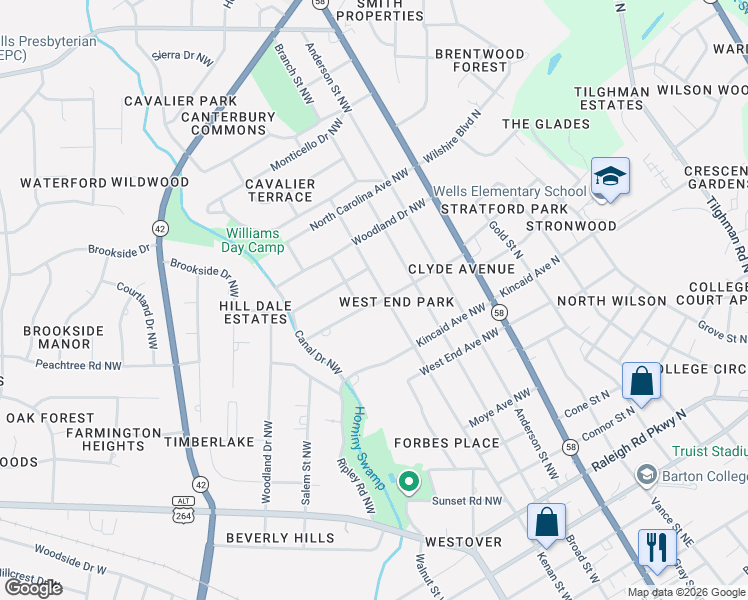 map of restaurants, bars, coffee shops, grocery stores, and more near 1507 Kenan Street Northwest in Wilson