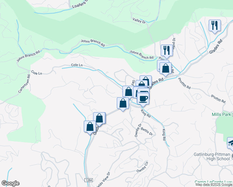 map of restaurants, bars, coffee shops, grocery stores, and more near 320 Poplar Point Way in Gatlinburg