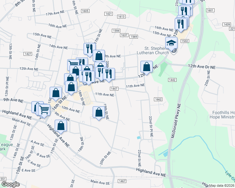 map of restaurants, bars, coffee shops, grocery stores, and more near 2021 11th Avenue Northeast in Hickory