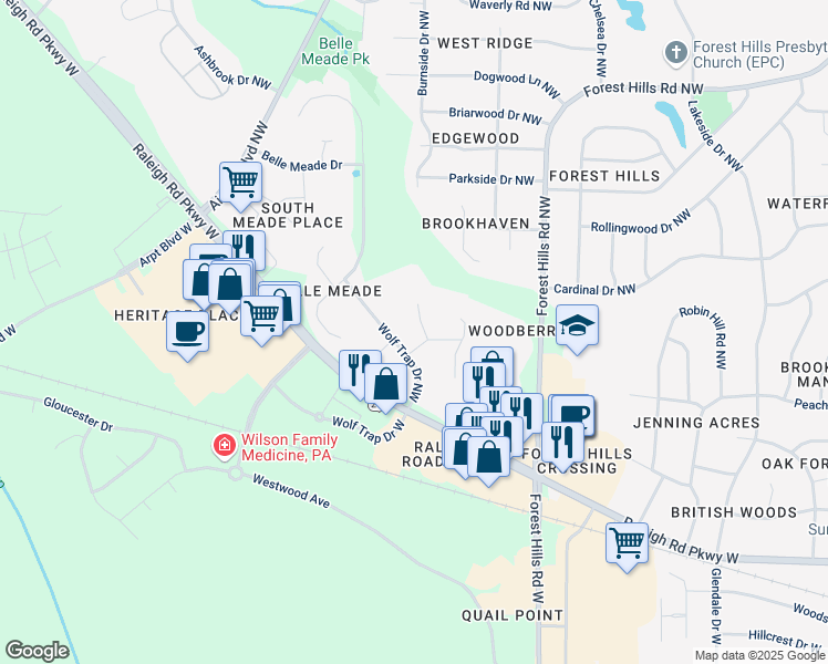 map of restaurants, bars, coffee shops, grocery stores, and more near 3002 Farmington Place Northwest in Wilson