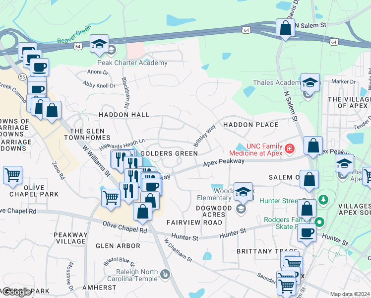 map of restaurants, bars, coffee shops, grocery stores, and more near 506 Knightsborough Way in Apex