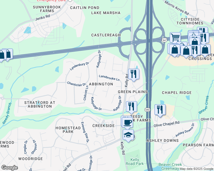 map of restaurants, bars, coffee shops, grocery stores, and more near 108 Witheridge Court in Apex