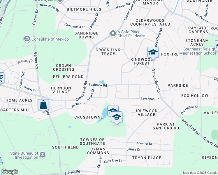 map of restaurants, bars, coffee shops, grocery stores, and more near 1012 Seabrook Road in Raleigh