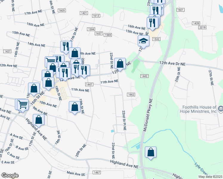 map of restaurants, bars, coffee shops, grocery stores, and more near 2144 11th Avenue Place Northeast in Hickory