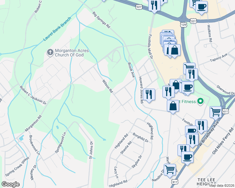 map of restaurants, bars, coffee shops, grocery stores, and more near 1804 Brook Avenue in Maryville