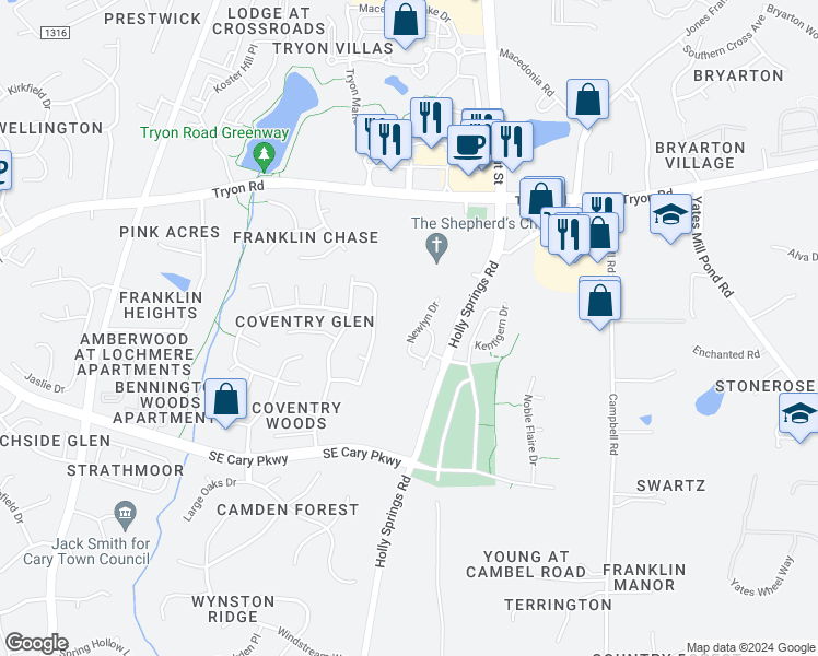 map of restaurants, bars, coffee shops, grocery stores, and more near 641 Newlyn Drive in Raleigh