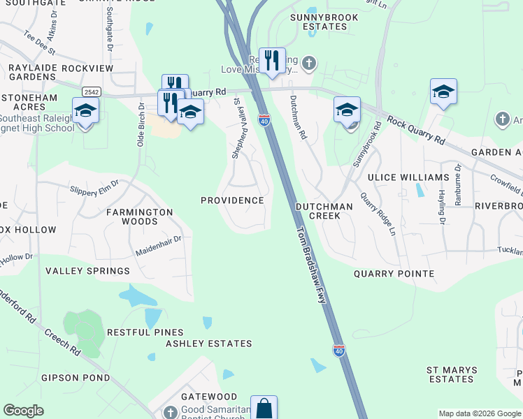 map of restaurants, bars, coffee shops, grocery stores, and more near 3232 Revelation Street in Raleigh