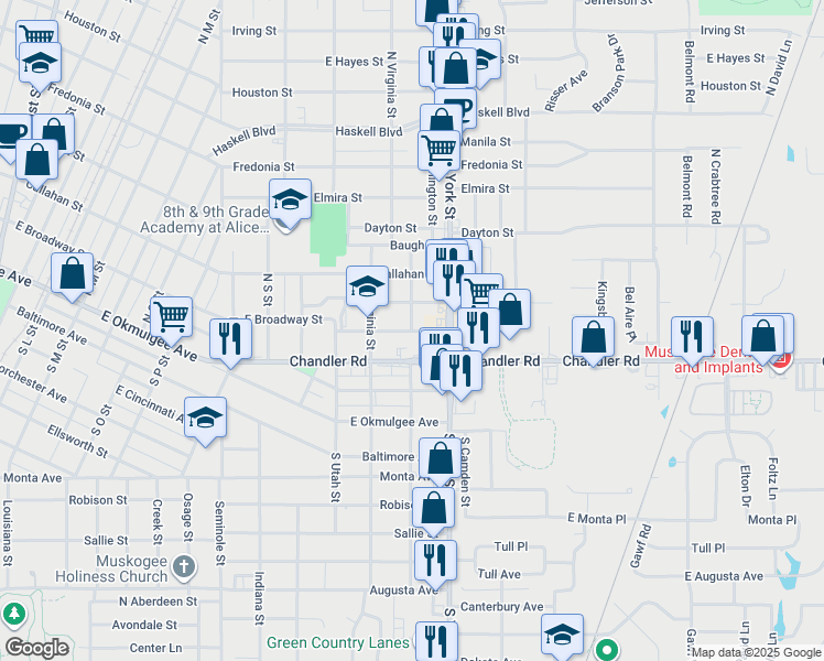 map of restaurants, bars, coffee shops, grocery stores, and more near 414 North Washington Street in Muskogee
