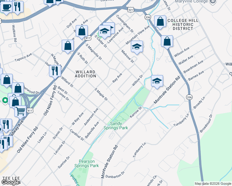 map of restaurants, bars, coffee shops, grocery stores, and more near 502 South Ruth Street in Maryville