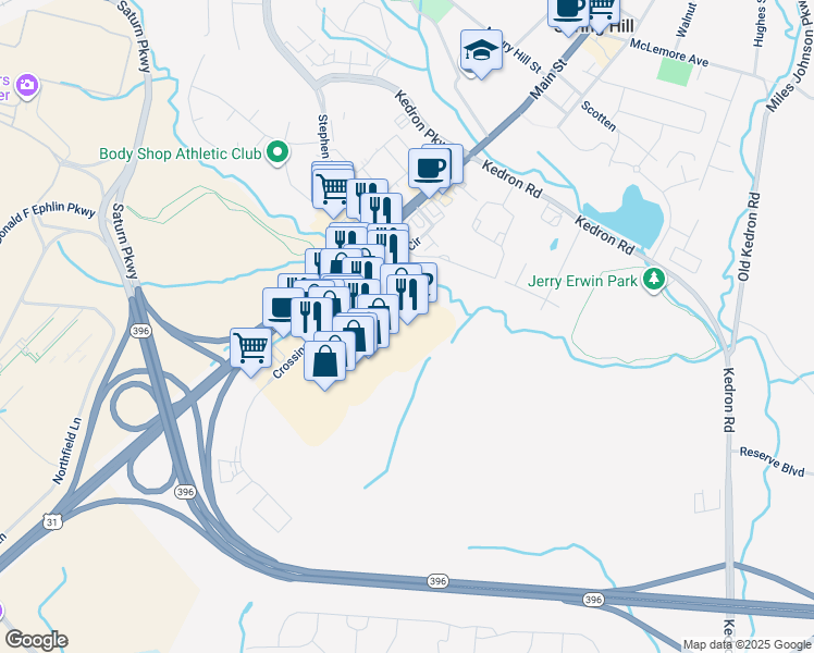 map of restaurants, bars, coffee shops, grocery stores, and more near 1033 Crossings Boulevard in Spring Hill