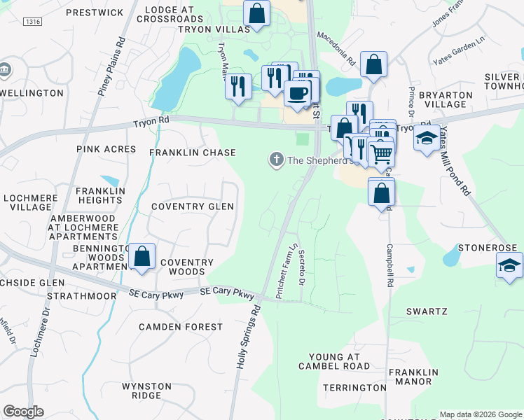 map of restaurants, bars, coffee shops, grocery stores, and more near 641 Newlyn Drive in Raleigh