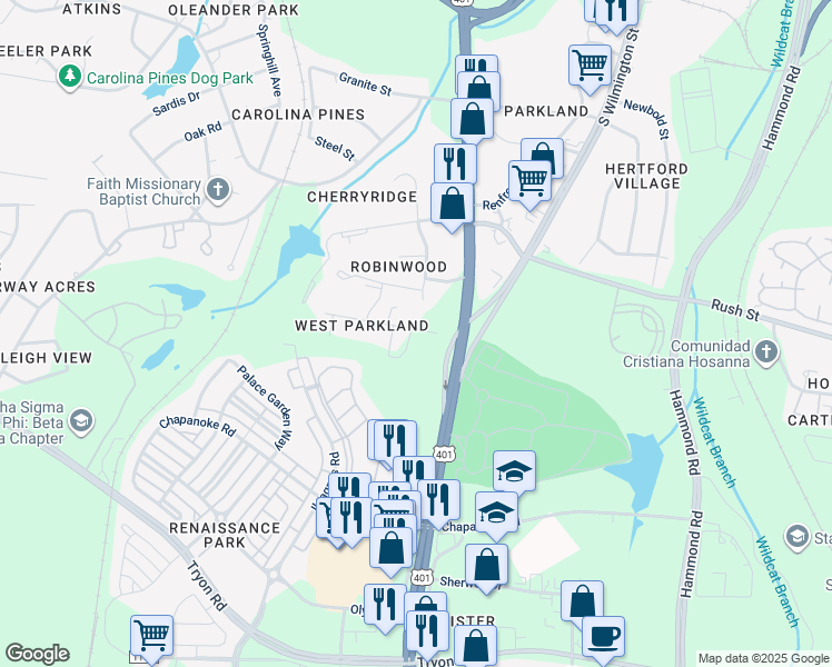 map of restaurants, bars, coffee shops, grocery stores, and more near 505 Peach Road in Raleigh