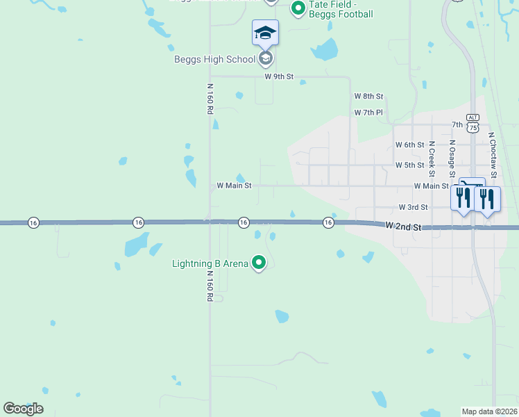 map of restaurants, bars, coffee shops, grocery stores, and more near 208 North Newton Place in Beggs