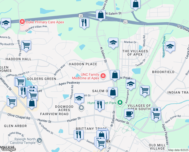 map of restaurants, bars, coffee shops, grocery stores, and more near 1252 Magnolia Row Trail in Apex
