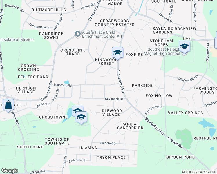 map of restaurants, bars, coffee shops, grocery stores, and more near 1313 Seabrook Road in Raleigh