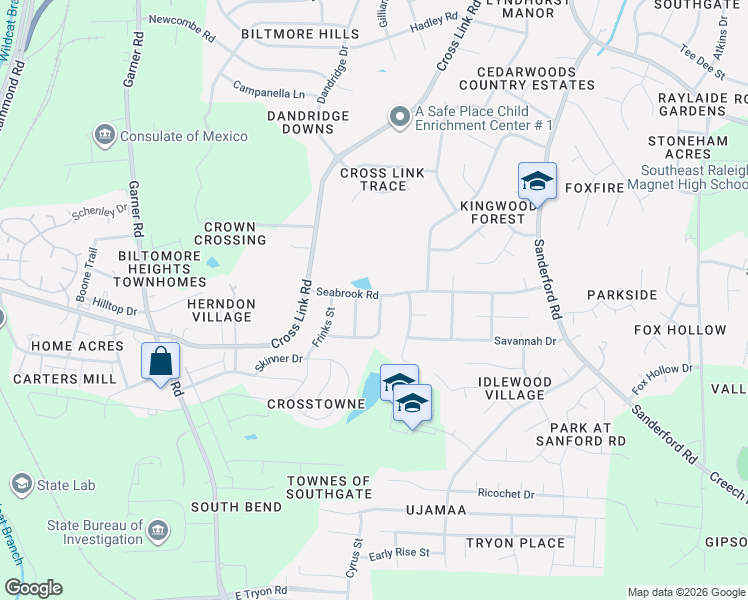 map of restaurants, bars, coffee shops, grocery stores, and more near 1009 Seabrook Road in Raleigh