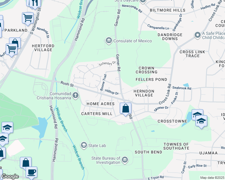 map of restaurants, bars, coffee shops, grocery stores, and more near 2704 Garner Road in Raleigh