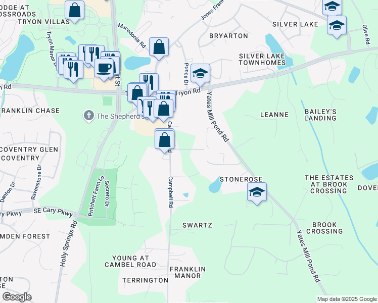 map of restaurants, bars, coffee shops, grocery stores, and more near 2715 Campbell Road in Raleigh