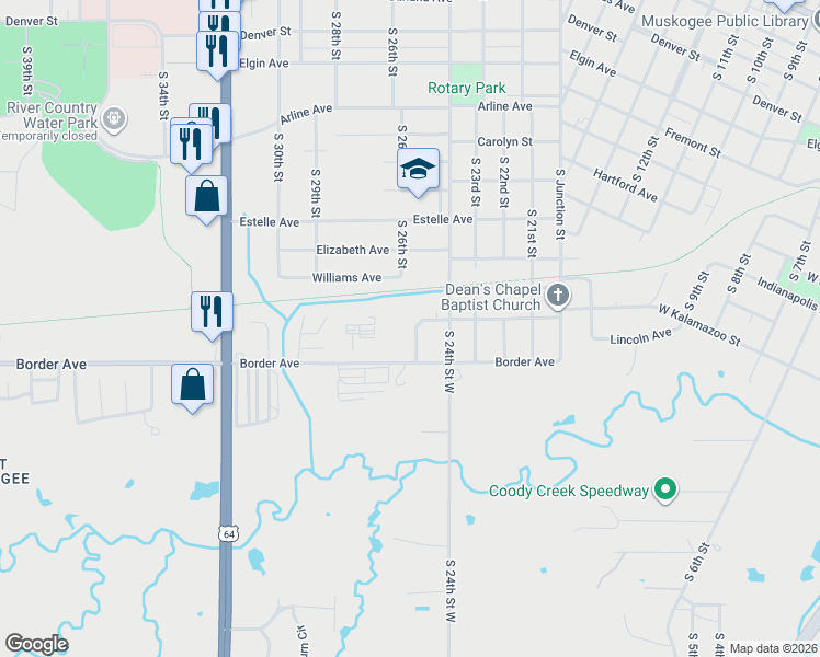 map of restaurants, bars, coffee shops, grocery stores, and more near 1220 South 25th Place in Muskogee
